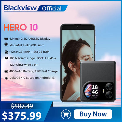 2024 Blackview HERO 10 Smartphone 6.9 inch AMOLED Folding Display MTK Helio G99 12GB 256GB 108MP Camera 4000mAh 45W Charging NFC