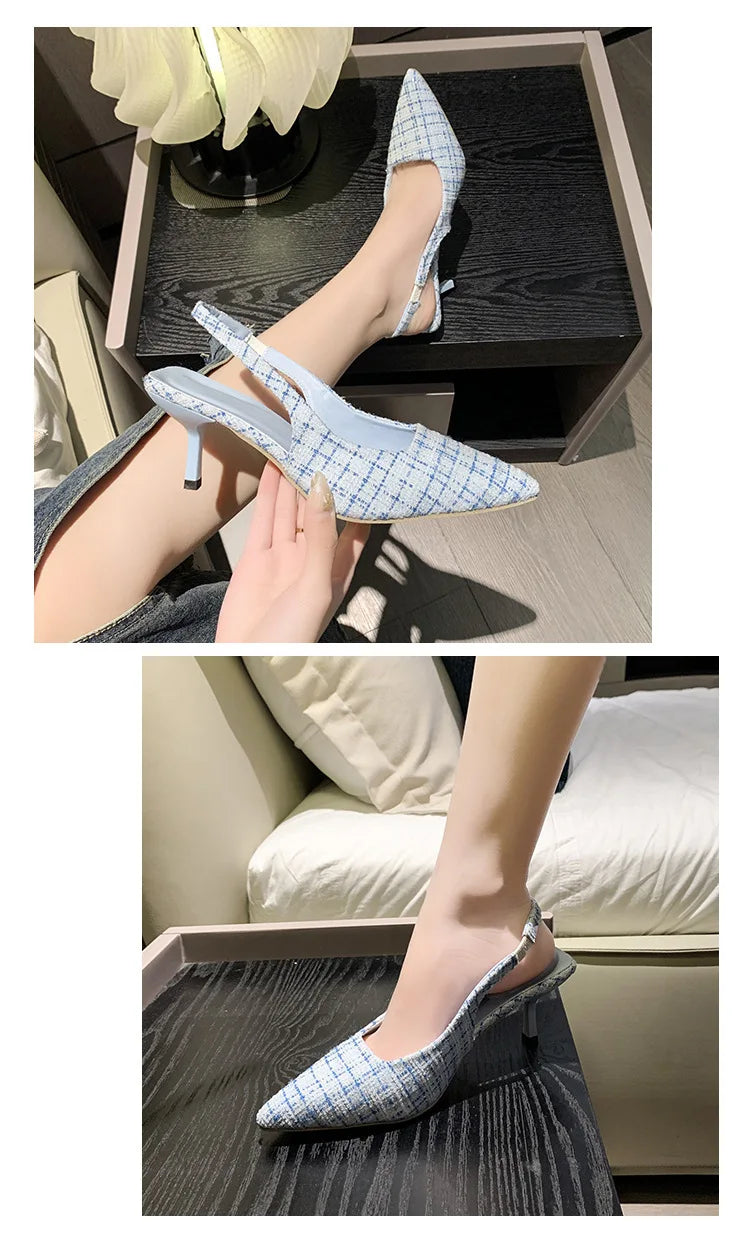 Sea Salt Blue Pointed High Heel Sandals for Women Back Hollow Half Headed Single Shoes Fashion Versatile Casual Shoes