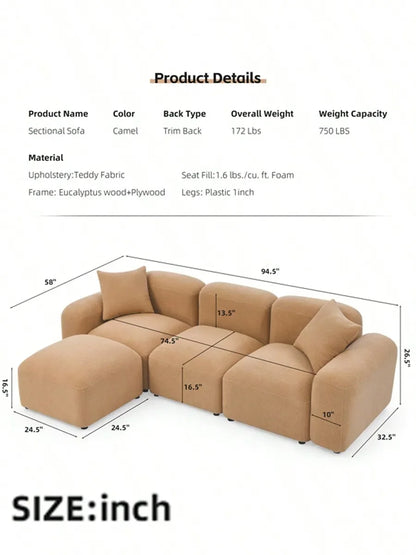 Modular Sectional Sherpa Sofa, Combination Boucle Fabric Couch, Modern Sofa With Lounge Chaise, L-Shape Couch With