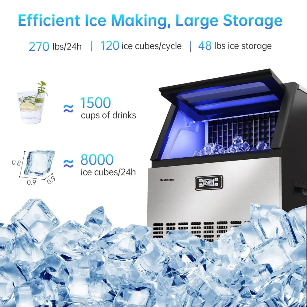 Commercial Ice Maker Machine,Stainless Steel,Automatic Cleaning,Blue Ray,Perfect for Bar or Business,includes Ice Shovel, Hose