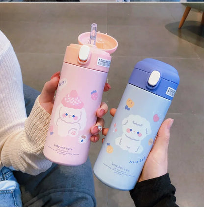 380Ml Stainless Steel Thermos Cup with Straw Drink Cute Cartoon Insulated Vacuum Water Bottle for Kids Girls Portable Drinkware