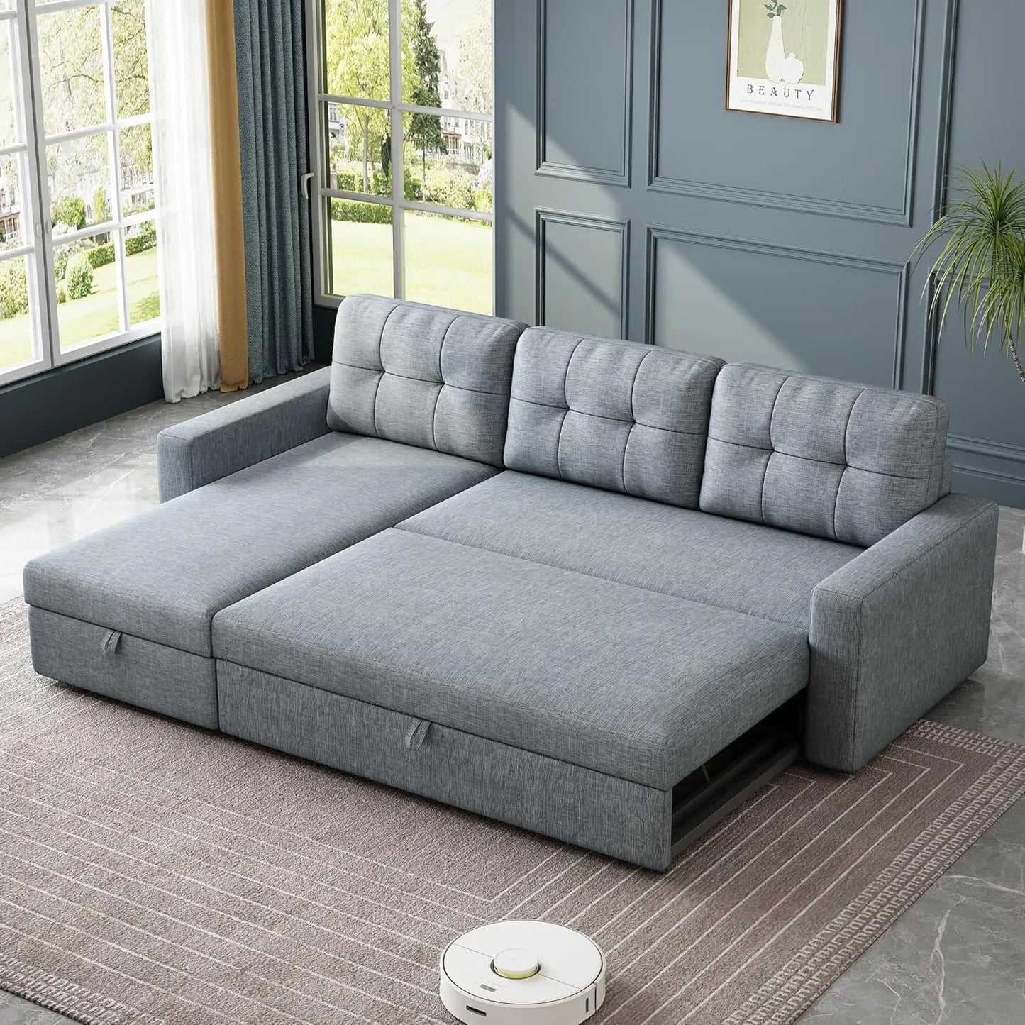 81.5" Sectional Sleeper Sofa with Storage Chaise, L Shaped Pull Out Couch Bed with 3 Removable Back Cushion for Living Room,Apar