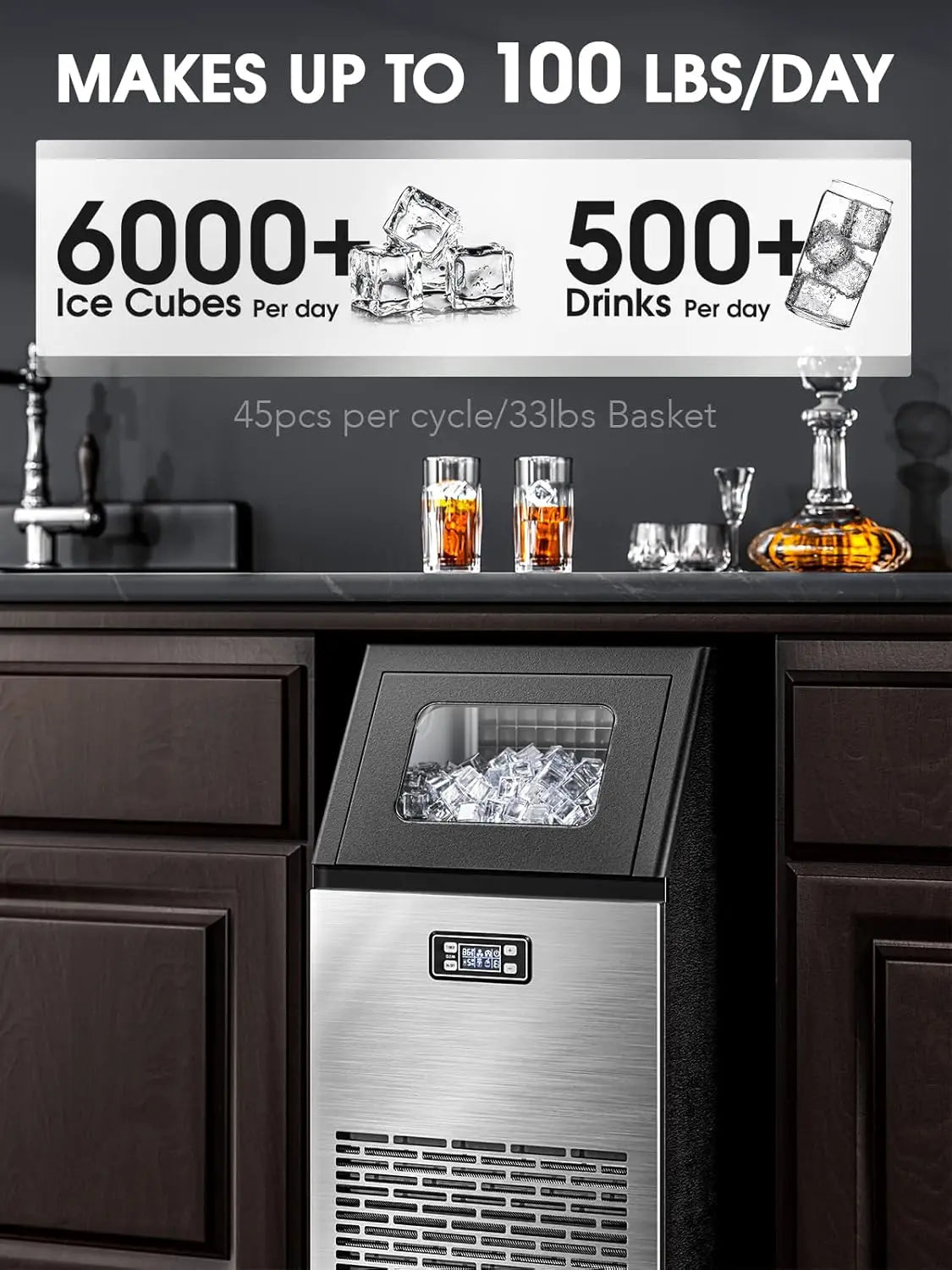 Ice Maker,100 lbs,2-Way Add Water,Under Counter Ice Maker Self Cleaning,Ice Machine with 24 Hour Time