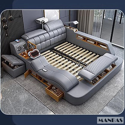 Linlamlim Luxury King Size Genuine Leather Bed / Tech Smart Bed / Multifunctional Ultimate Beds / Massage Bed with USB,Projecter