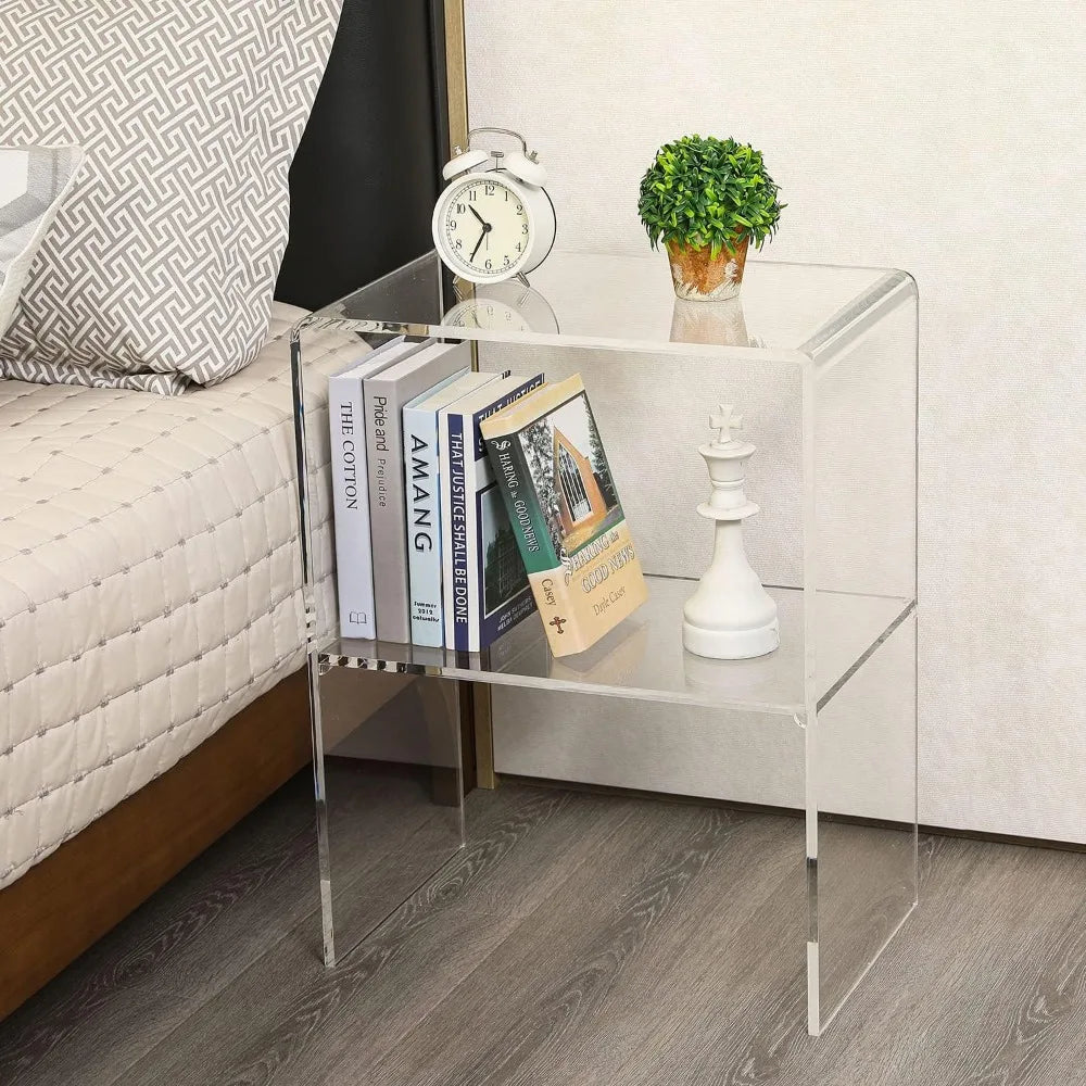 24 Inch Premium Clear Acrylic End Table, Decorative Living Room Side Table with 2 Tier Display Shelf