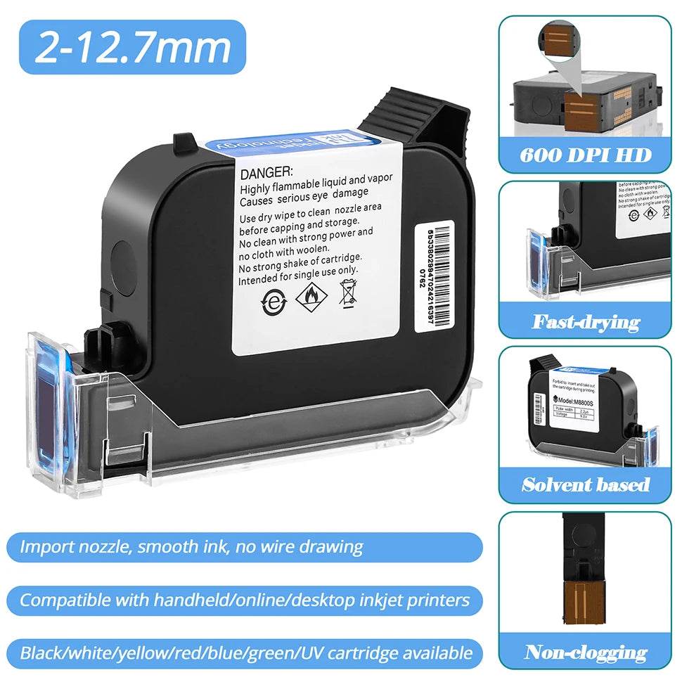 Prime TIJ Cartridge 1/2/3/5PC Online Handheld Inkjet Printer Cartridge 12.7mm Black Fast Drying Water-proof Solvent Ink Original