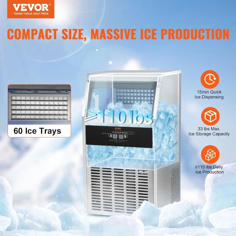 VEVOR Commercial Ice Maker Machine, 120LBS/24H with 33LBS Bin and Electric Water Drain Pump, Stainless Steel Construction