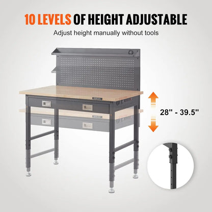 Workbench Adjustable Height 28-39.5" Work Bench for Garage Oak Plank & Carbon Steel Heavy Duty Workbench 2000lbs Weight Capacity