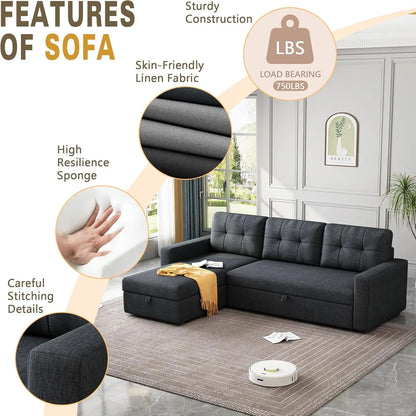 81.5" Sectional Sleeper Sofa with Storage Chaise, L Shaped Pull Out Couch Bed with 3 Removable Back Cushion for Living Room,Apar