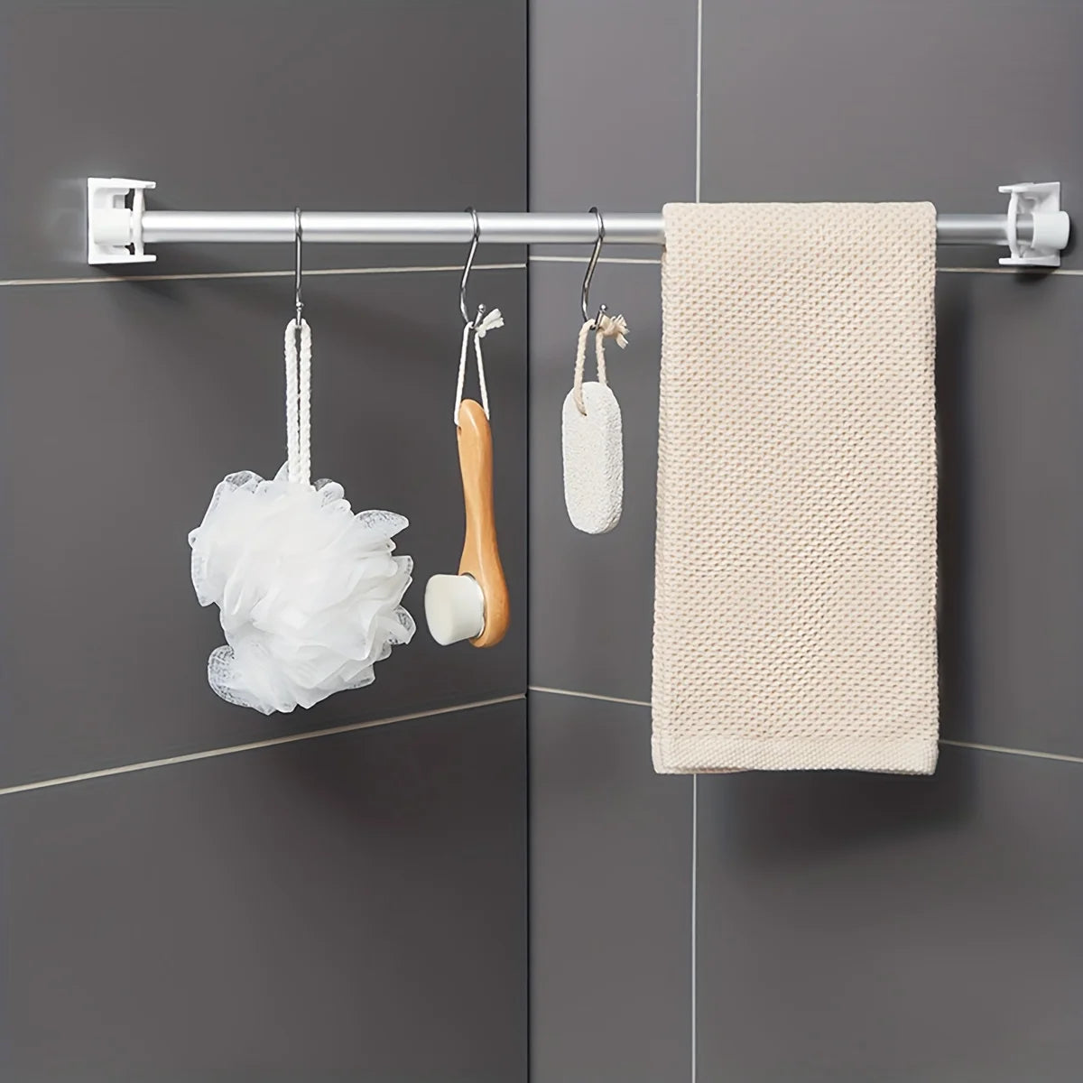 360° Rotatable Retractable Pole Fixator for Non-drilling Strong Adhesive Hooks Towel Rod Shower Curtain Rod Bracket