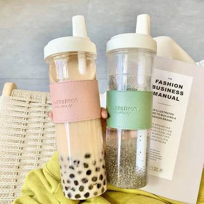 850ML Cute Pearl Milk Tea Straw Plastic Water Bottle with Cup Cover Women Large Capacity Juice Boba Milk Cup Drop-proof - MarvelouStoree