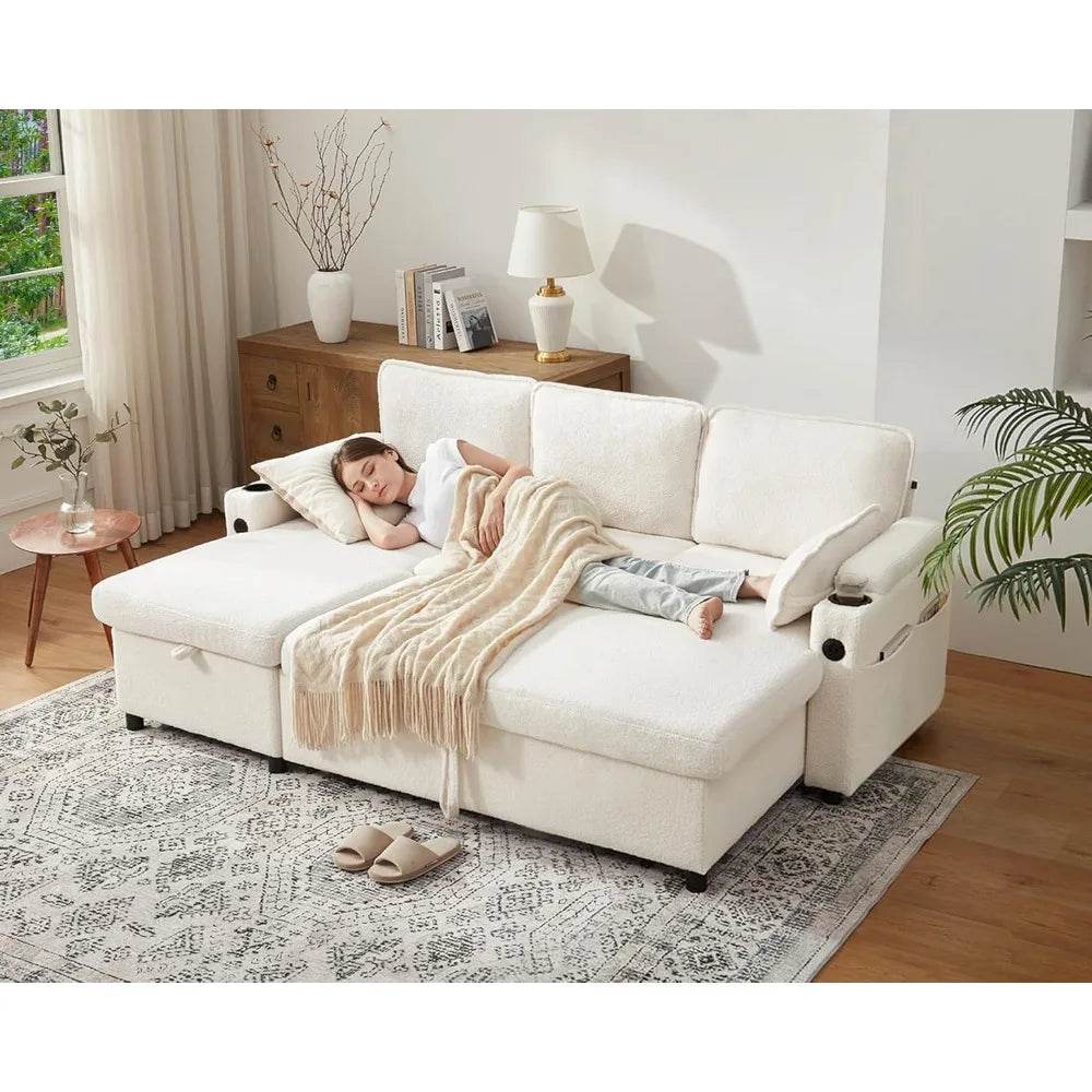 Sofa Bed Sleeper Pull Out 2 in 1 Sectional Sleeper Sofa Couches with Storage,USB, Cup Holder,Pullout Sectional Couches - MarvelouStoree