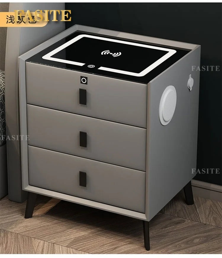 3 Drawers Smart Bedside Table with Wireless Charging Solid Wood Bedroom End with Fingerprints Lock Hotel Nightstands