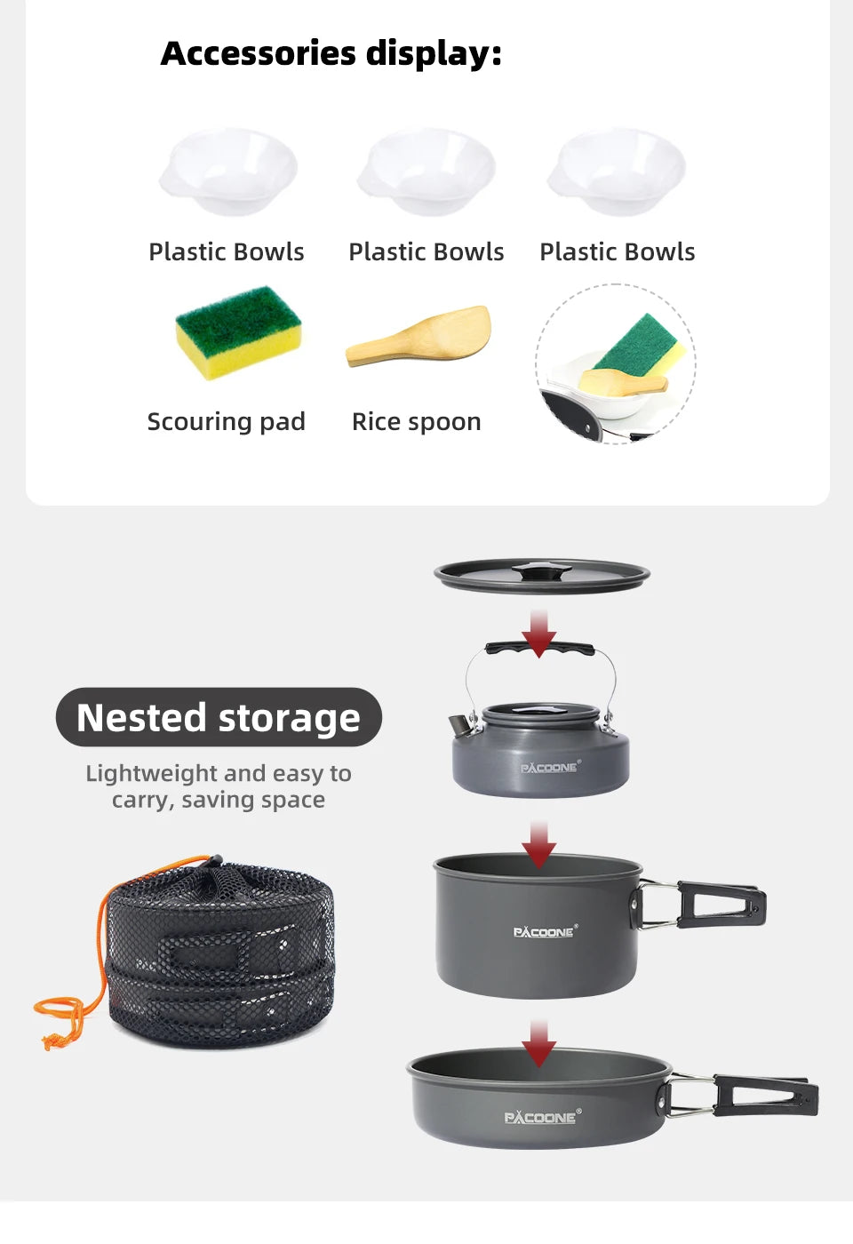 PACOONE Camping Cookware Set Portable Cookware Kit Outdoor Pot Cooking Water Kettle Pan Set Tableware Hiking Picnic Equipment