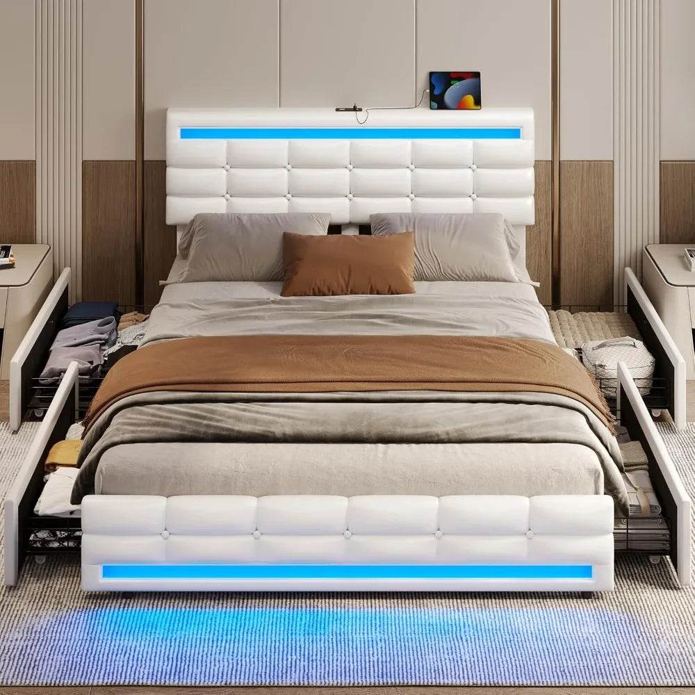 Queen bed frame with drawers, LED with charging station, with headboard and footboard, no spring mattress required, white - MarvelouStoree