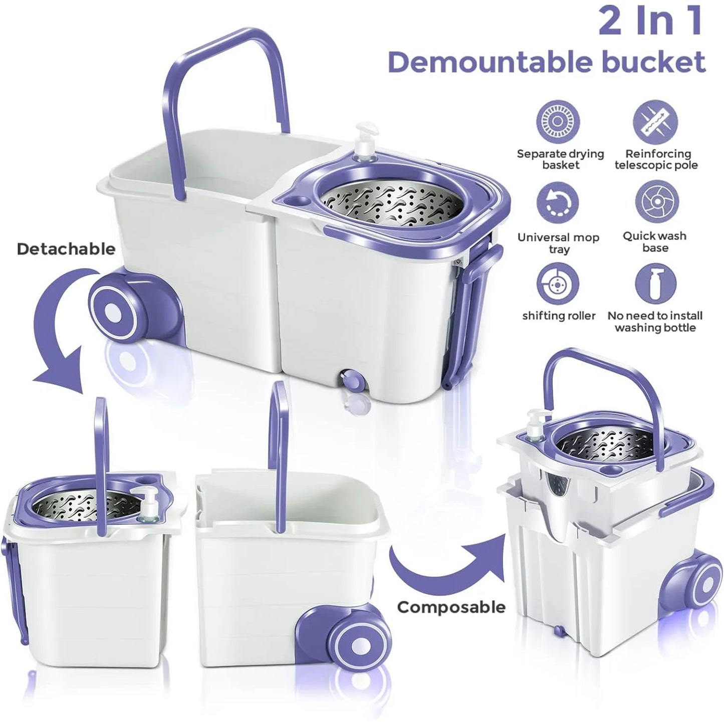 Spin Mop Bucket System with Wringer Set, Mop Buckets Separate Clean and Dirty Water 360° 6psc Microfiber Spin Mops 51.2 Inch