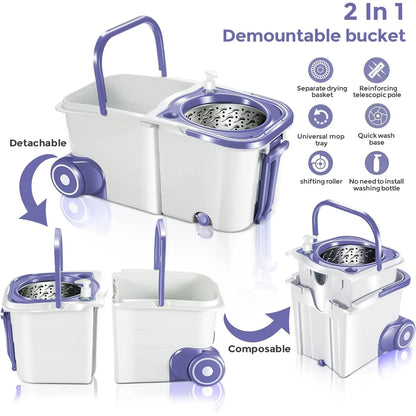 Spin Mop Bucket System with Wringer Set, Mop Buckets Separate Clean and Dirty Water 360° 6psc Microfiber Spin Mops 51.2 Inch