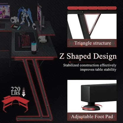 L Shaped Gaming Desk, 51 Inch Computer Corner Table with Large Monitor Stand & Carbon Fiber Surface for Home Office Study