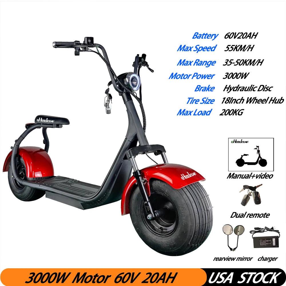 [USA Stock]Two Wheels Big Tire Trike Adult Tricycle Citycoco 2 Wheel Electric Scooter 3000W Fat Bike Tire