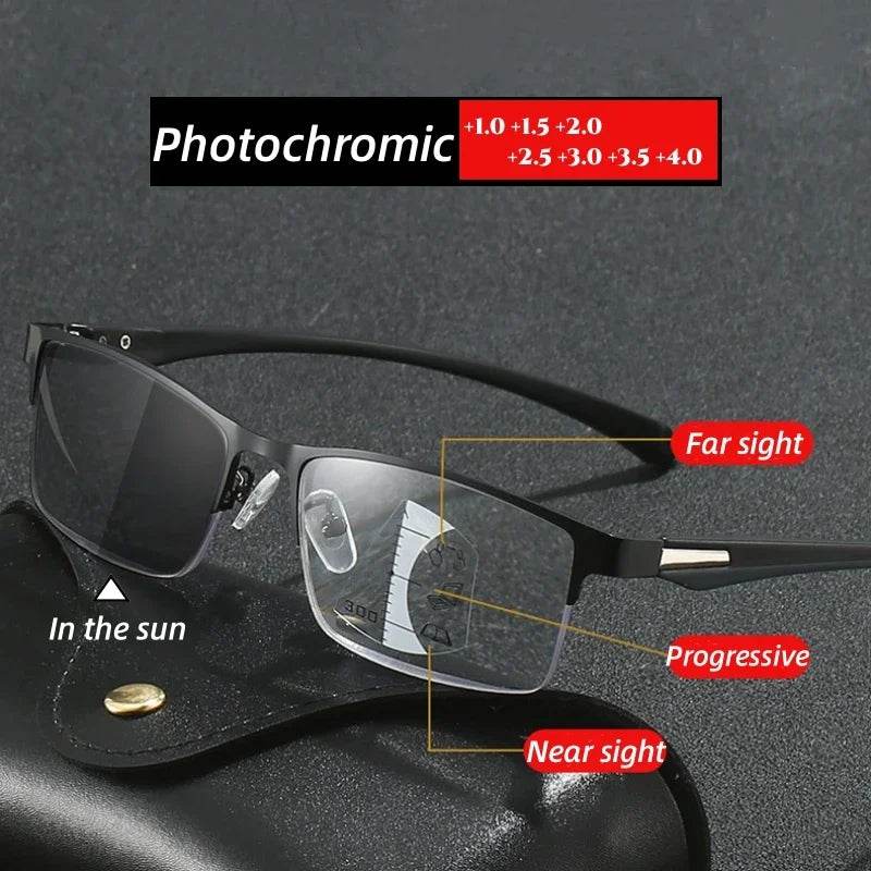 Progressive Multifocal Photochromic Reading Glasses Anti-blue Light Far Sight Glasses Men Half Frame Business Presbyopia Glasses - MarvelouStoree