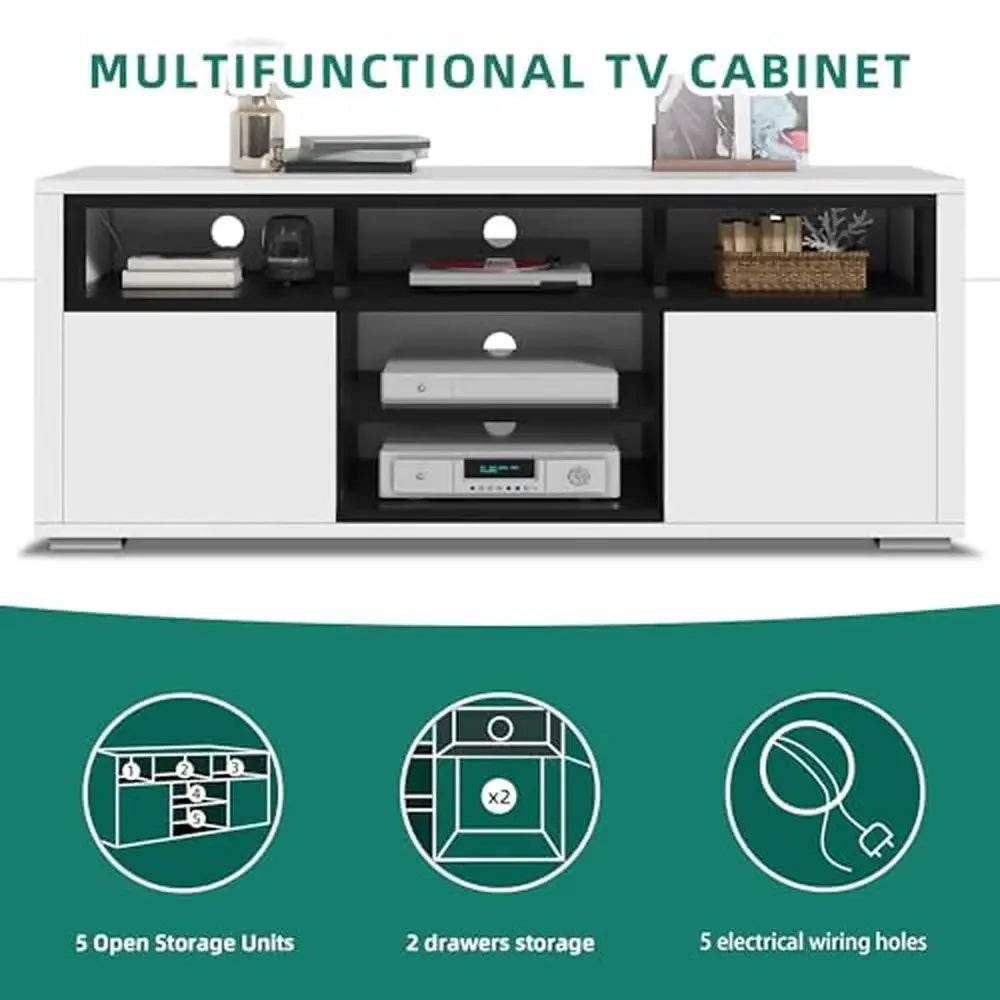 Modern White LED TV Stand Entertainment Center with Storage 65 inch TV Console High Gloss Wood Shelf Cabinet Black Legs 300 lbs - MarvelouStoree