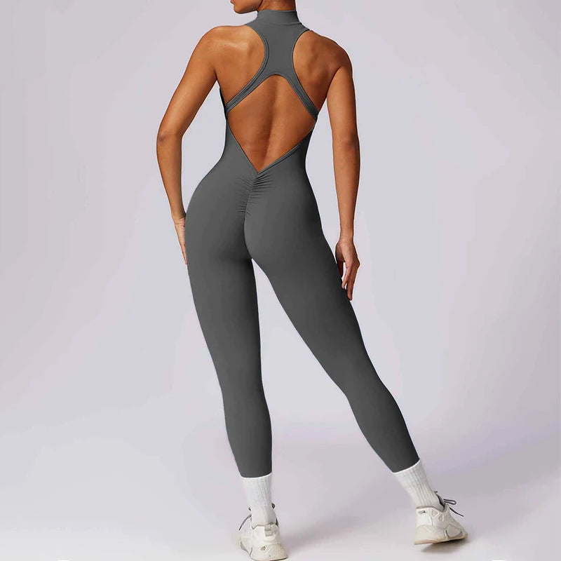 Backless Jumpsuits Zipper Sports Bodysuits Women Yoga Sets Sportswear Fitness Overalls One Piece Suit Workout Playsuit Female