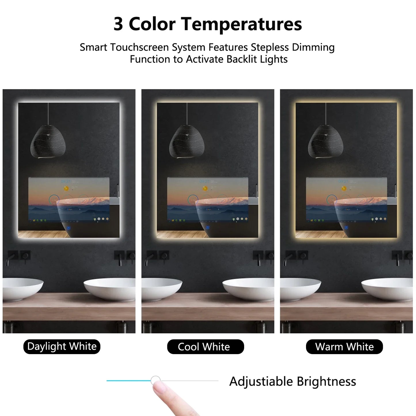 For  24 x 32 Inch Bathroom Vanity Smart Mirror with 21.5" Full Touch Screen Android 11 TV, Wi-Fi Bluetooth 3 Color