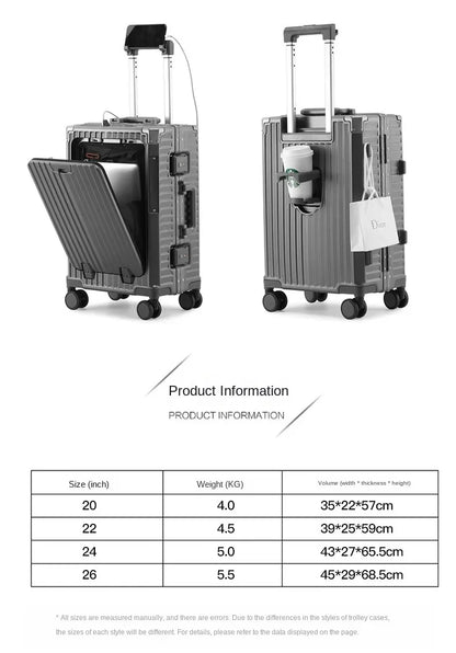 High Quality Suitcase Front Opening Luggage USB Phone Stand Aluminum Frame Rolling Trolley 20"26" Carry-on Suitcases Travel Bags