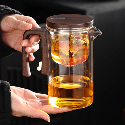 520ML/720ML Glass Teapot Water Separation Inner Container One Click Magnetic Switch Tea Filtration Tea Pot Wood Handle Cup Set