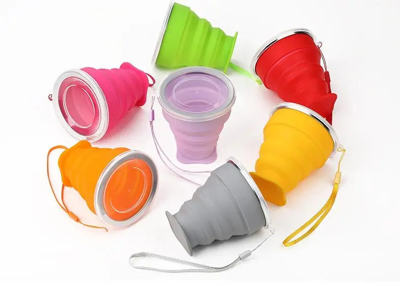 Portable Silicone Retractable Folding Cup Outdoor With Cover Coffee Handcup Camp Picnic Hiking Mini Water Glass Drinkware