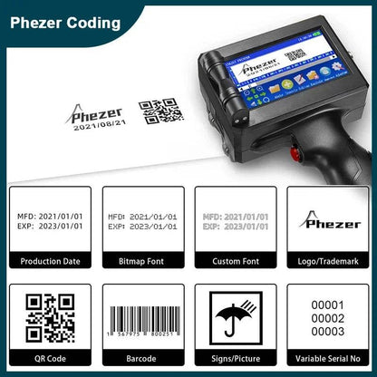 Phezer 12.7/25.4mm Label Printer Handheld Inkjet Printer QR Bar Batch Code Date Number Logo Expiry Date Coding Machine Portable - MarvelouStoree