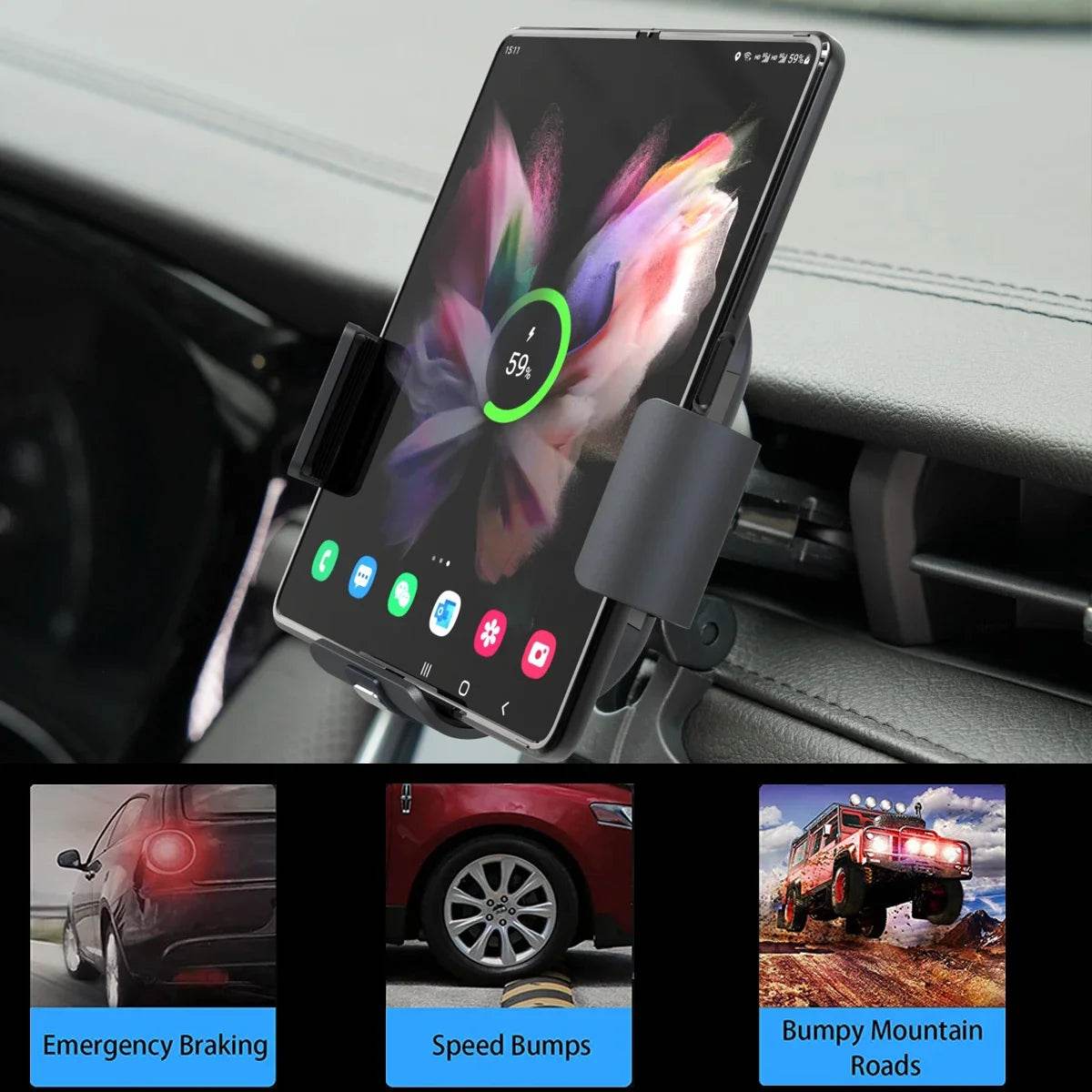 Dual Coil Fold Screen Car Wireless Charger For Samsung Galaxy Z 4 3 Fold Flip iPhone 15 14 Fast Phone Charging Vent Mount Holder - MarvelouStoree