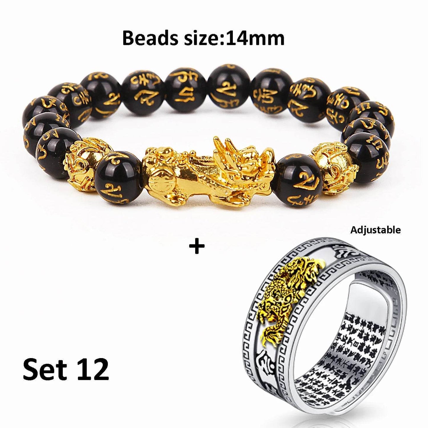 Unisex Men Pixiu Charms Ring Bracelet Chinese Feng Shui Amulet Wealth and Lucky Open Adjustable Ring Bead Bracelet - MarvelouStoree