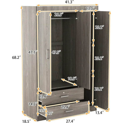 Freestanding Wardrobe Cabinet for Bedroom, 3 Doors Wooden Wardrobe Closet Cabinet with 2 Drawers， with Hanging Rod Shelf - MarvelouStoree