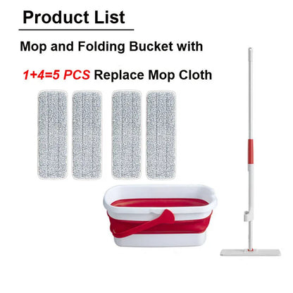 Flat Squeeze Mop and Folding Bucket Free Hand Washing Floor Cleaning Mop Microfiber Mop Pad Cleaning Tools on Hardwood Laminate