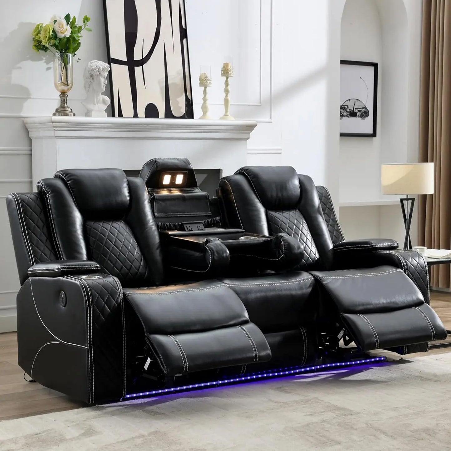 3 Seats Power Reclining Sofa with Wireless Charger,LED Floor Lights,Reading Light, Drop-down Table, USB/Type-C Port (Model:M070)