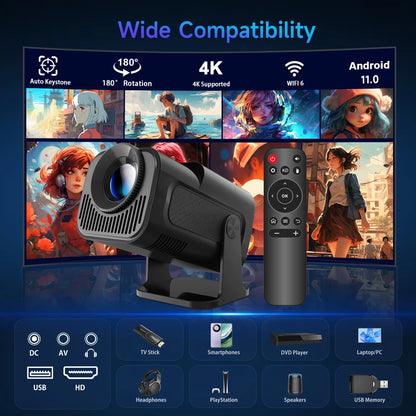 HY320 Mini Newly Native 720P Android 11 4K Projector 300ANSI Wifi6 BT5.0 Cinema Outdoor Portable 180° Rotable Projector