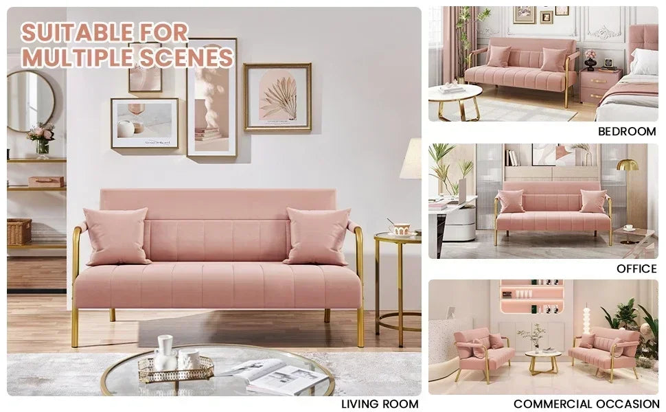 56.5" W Modern Loveseat 2 Seater Sofa Luxurious Velvet Fabric Couch with Gold-Tone Metal Arms and Legs for Bedroom, Studio Pink