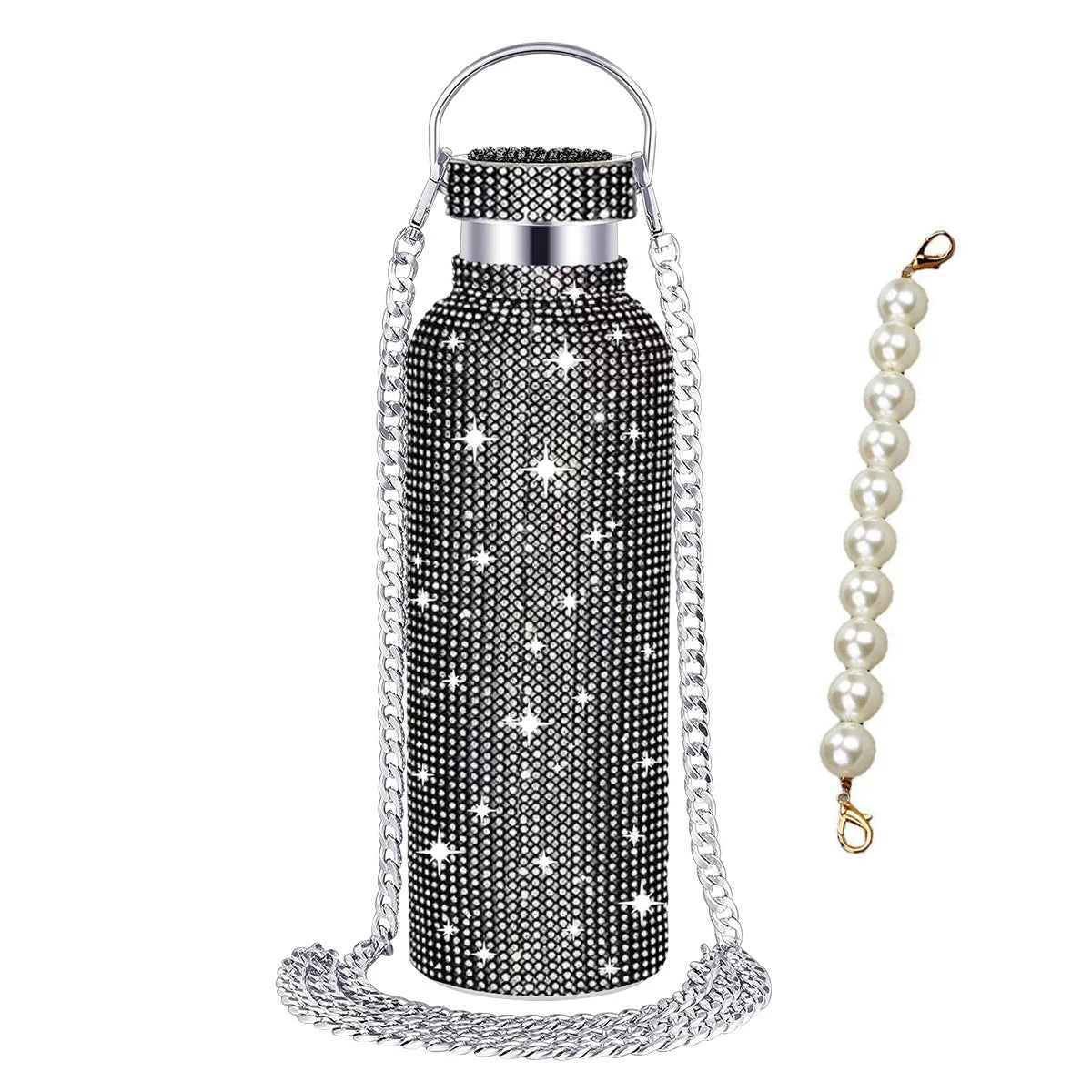 500/750/1000ml Diamond Thermos Bottle With 2pcs Chain Portable Rhinestone Water Bottle Double Wall Stainless Steel Thermal Flask