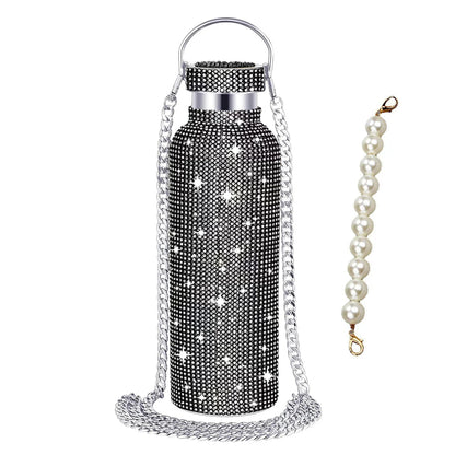 500/750/1000ml Diamond Thermos Bottle With 2pcs Chain Portable Rhinestone Water Bottle Double Wall Stainless Steel Thermal Flask