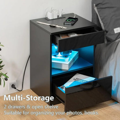 Open Shelf LED Nightstand with Charging Station 2 Drawers Bedside Table Black Night Stand with Storage Smart Nightstands