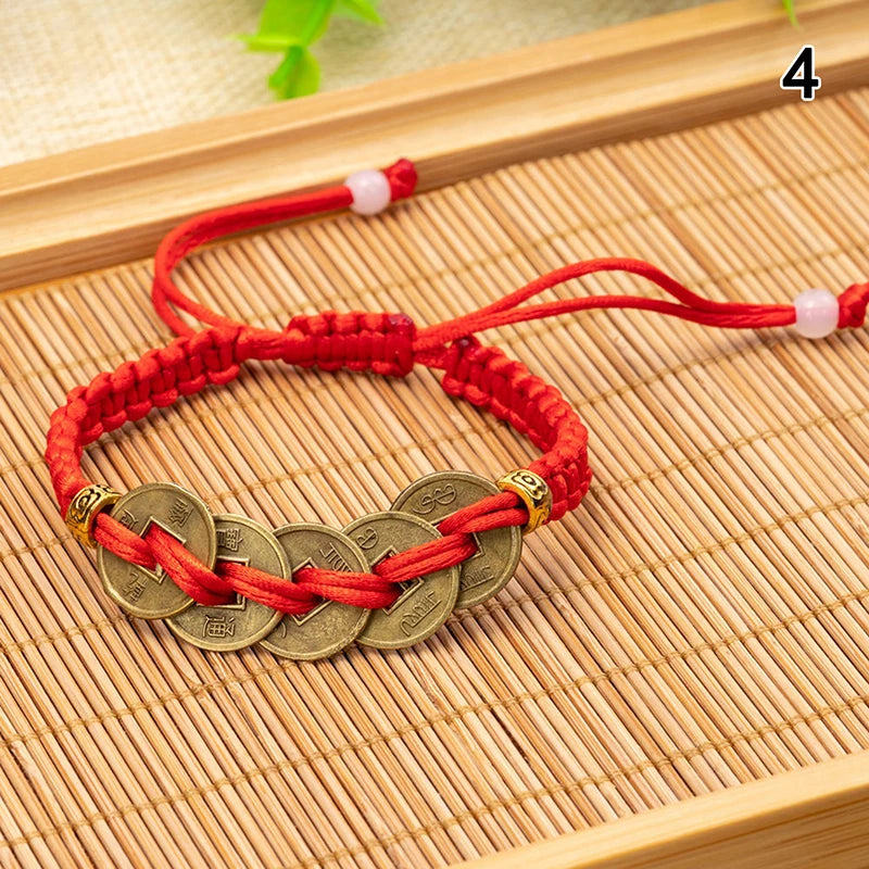 Handmade Rope Lucky Feng Shui Hanging Vintage Brass Money Bag Keychain Pendant Jewelry Ancient Five Emperors Coins Car Key Chain