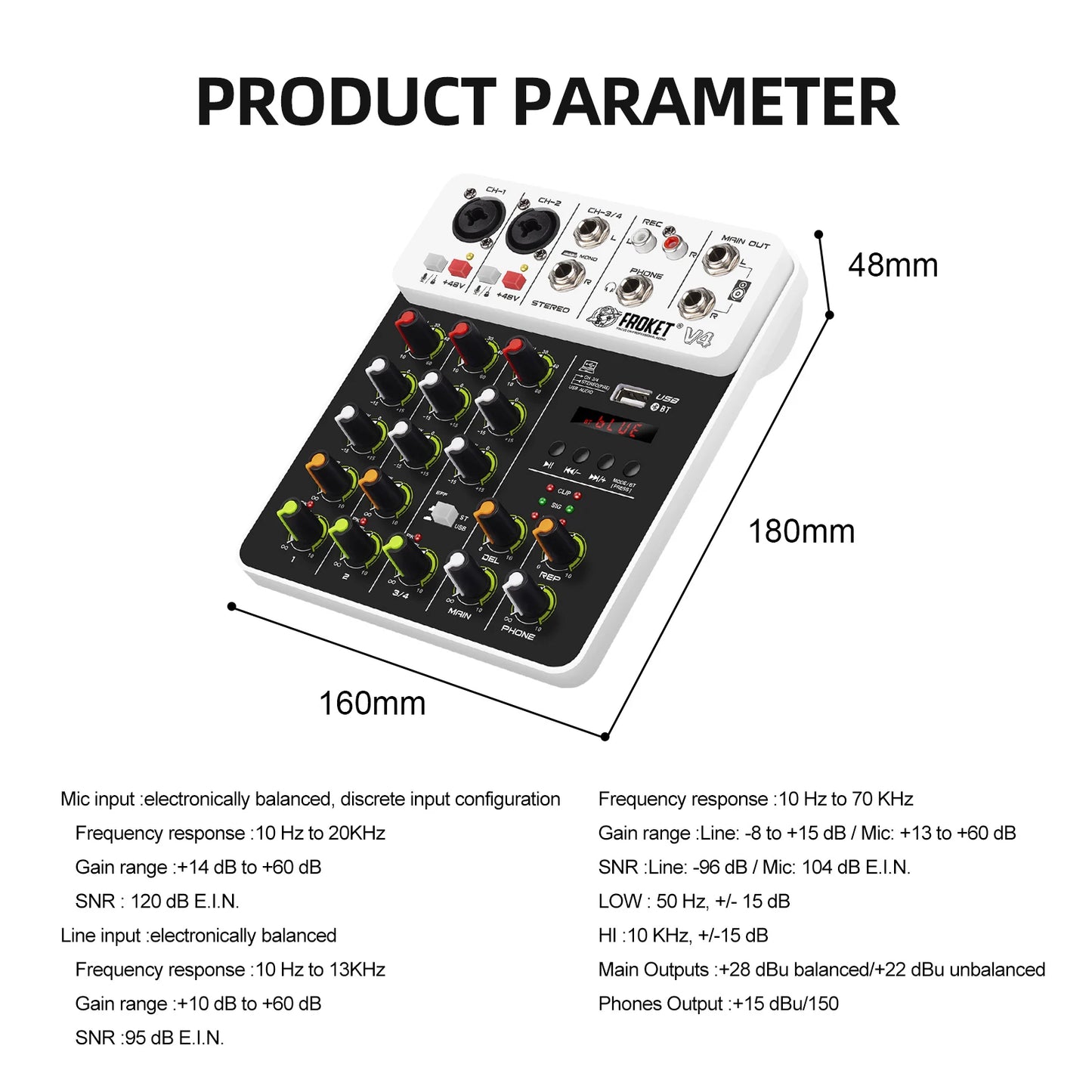 V4 Audio Interface Mixer with Bluetooth USB Recording Computer 48V Phantom Power Delay Replay Effects, 4-Channel Audio Mixer