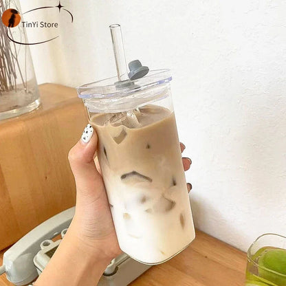 Square Heat Resistant Transparent Tulip Glass Cup with Lip and Straw Milk Tea Coffee Cup Mugs Home Bar Drinkware Couple Gifts