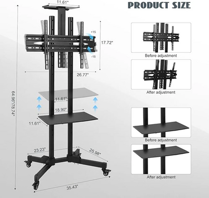 Mobile TV Cart With Wheels For 32-70 Inch LCD LED OLED Flat Curved Screen TVs Up To 110 Lbs Height Adjustable Portable TV On Whe