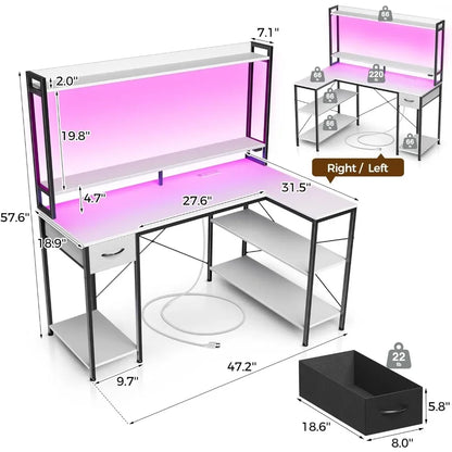 Gaming Desk with LED Light & Power Outlets, 47 Inch with Shelves, Reversible L Shaped, Monitor Stand, Computer Desk