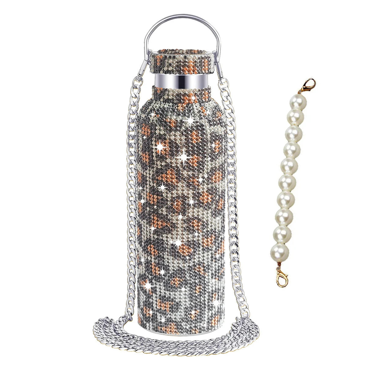 500/750/1000ml Diamond Thermos Bottle With 2pcs Chain Portable Rhinestone Water Bottle Double Wall Stainless Steel Thermal Flask