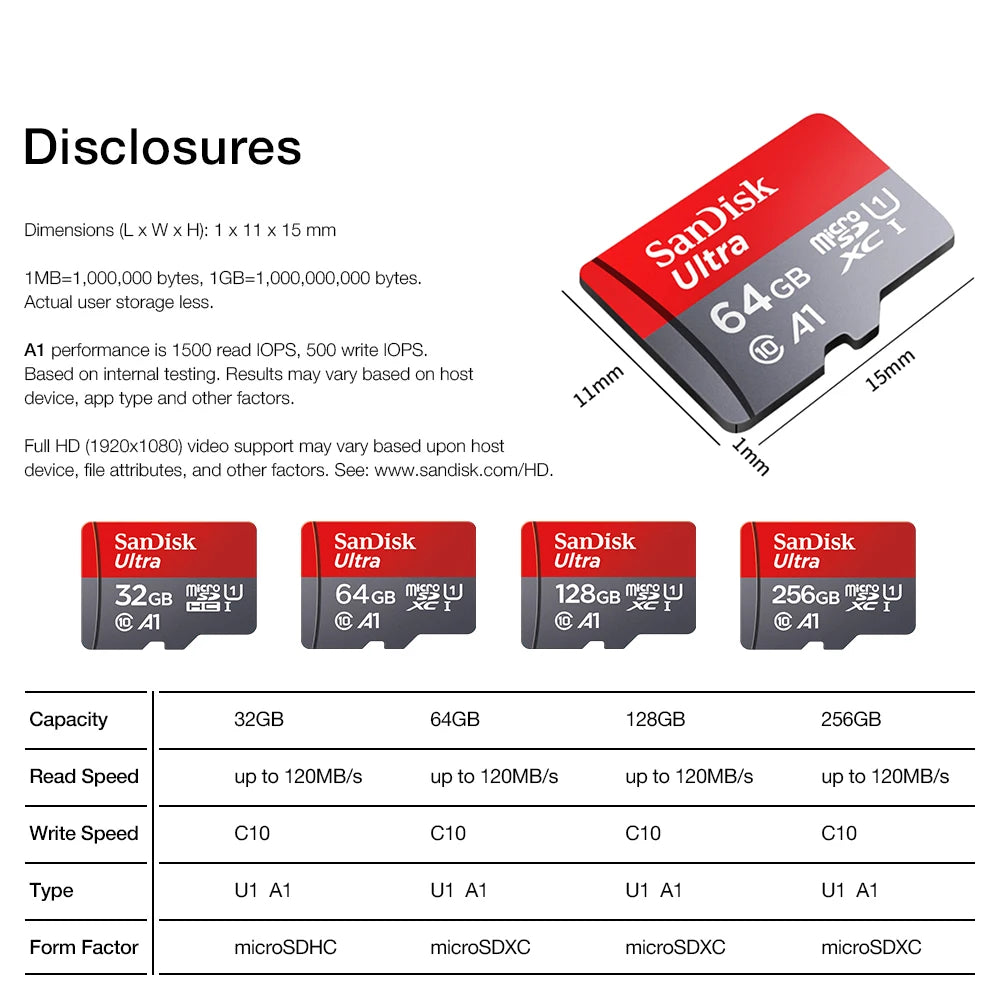 SanDisk Micro tf Card 128GB 64GB 32GB Up to 98MB/s Memory Card Class 10 Flash Card A1 TF Card memory card for smartphone