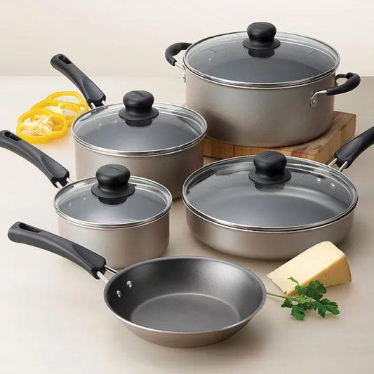 9-Piece Non-Stick Cookware Set, Champagne cooking pots set cookware casserole