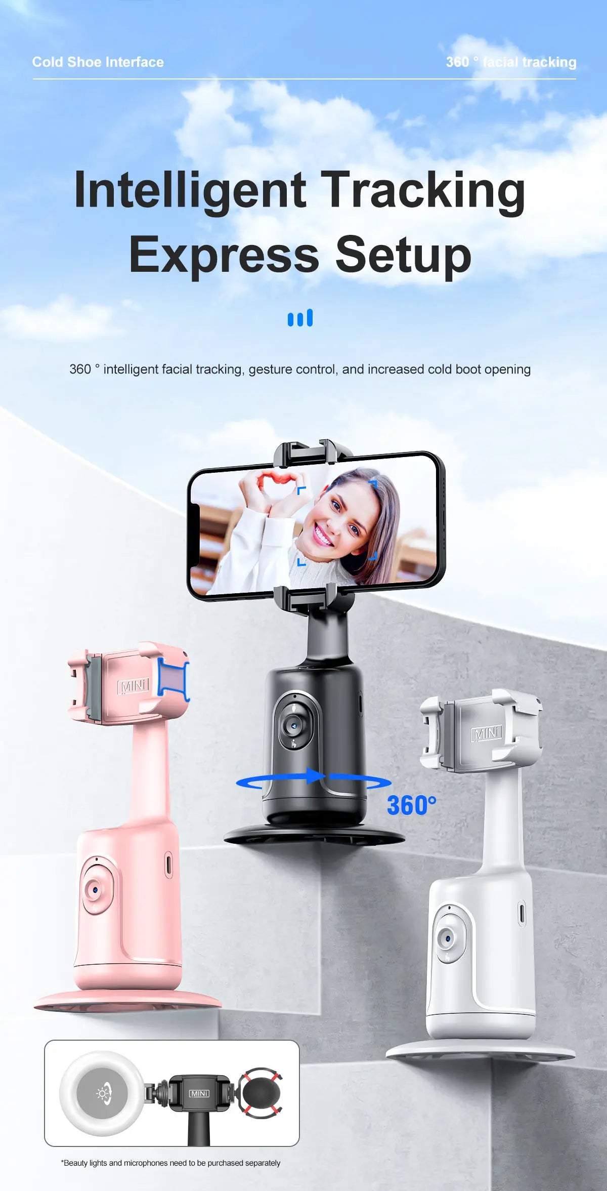 360 Rotation Gimbal Stabilizer for Smartphone,Cold Shoe Wireless Bluetooth AI Tripod,Desktop Follow Focus Gimbal for Tiktok